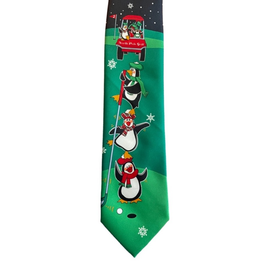 Hallmark Christmas Holiday Green Multicolor Penguin Golf Tie North Pole